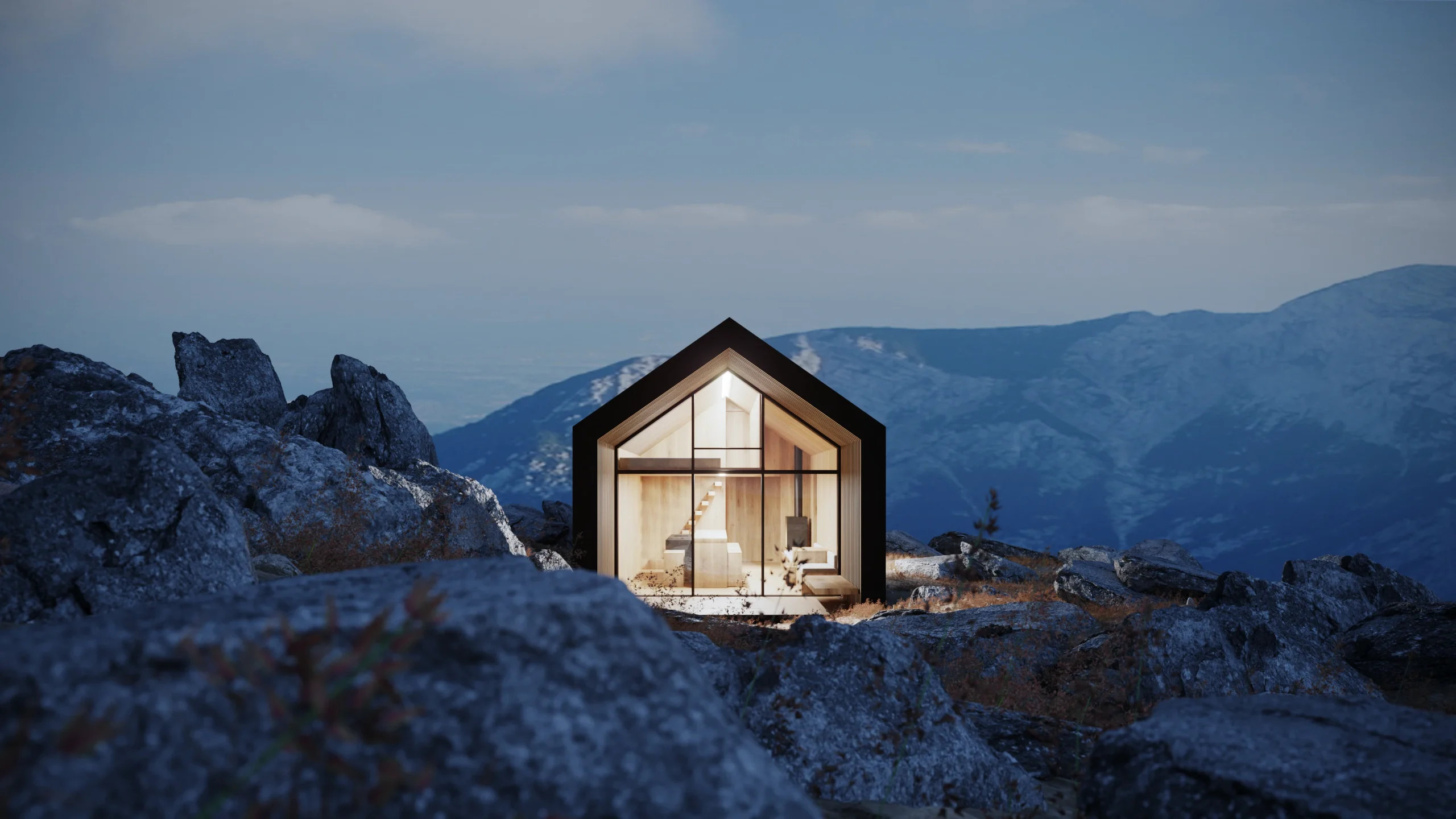 3D arhitektonska vizualizacija eksterijera planinarskog doma, render, Biokovo, Velebit