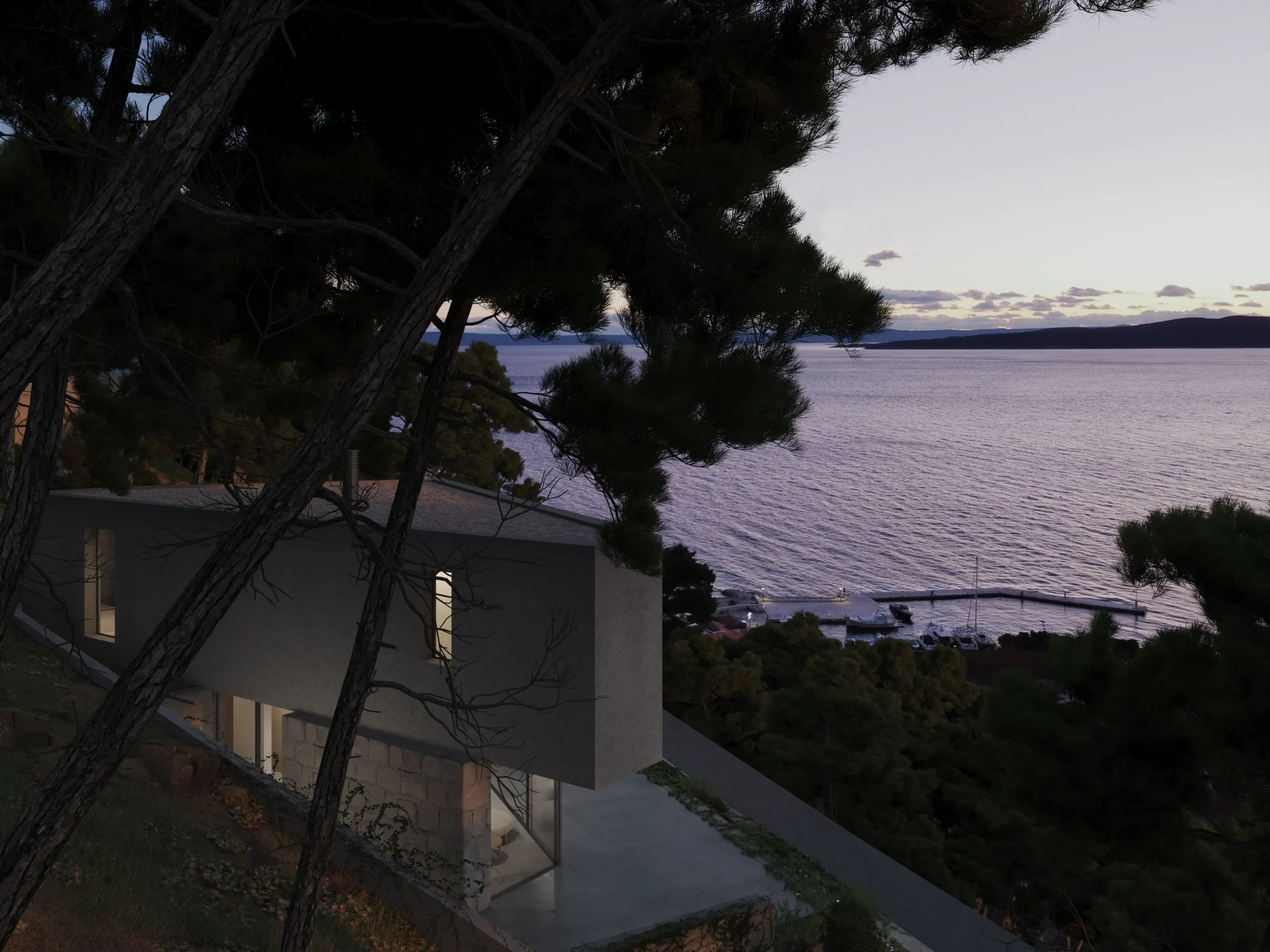 3D arhitektonska vizualizacija eksterijera moderne vile, render, Brela, Jadransko more, suton