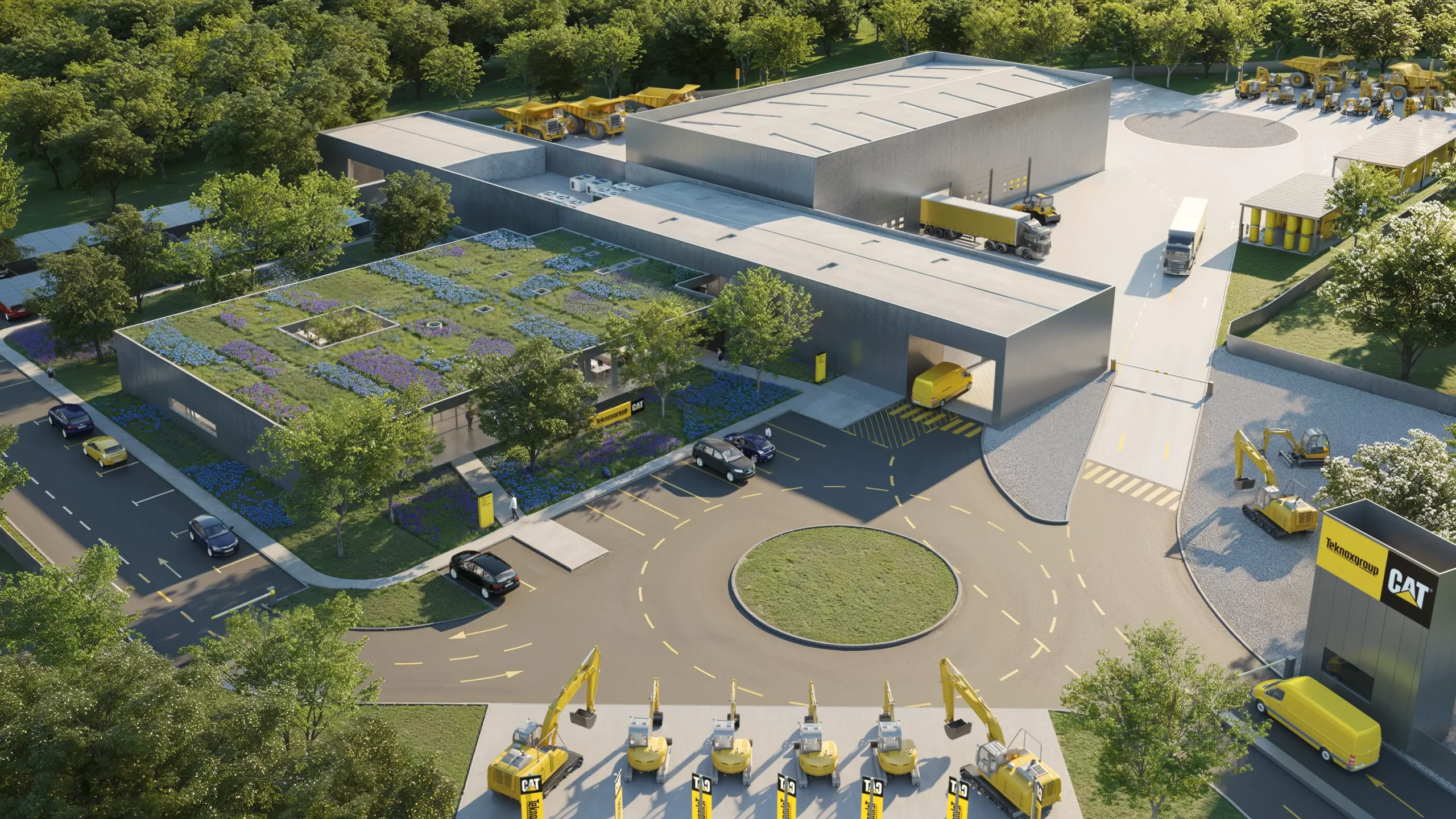 3D arhitektonska vizualizacija eksterijera moderne upravne zgrade, zračna perspektiva